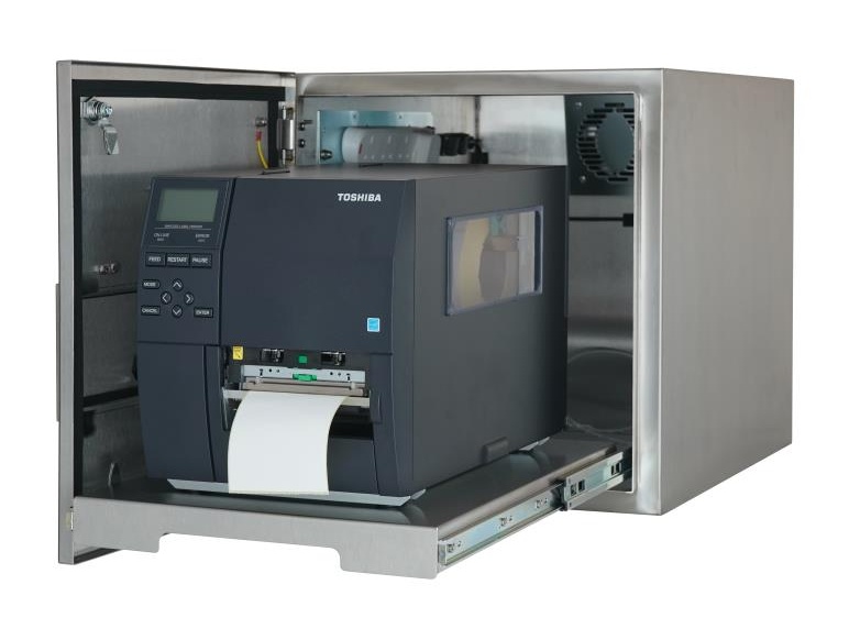 Ein IP65 Toshiba TEC Desktop-Industriedrucker Gehäuse mit installiertem B-EX4T1 Drucker