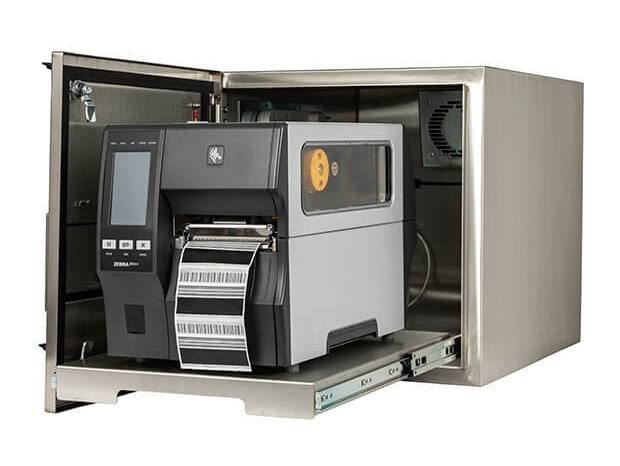 Ein IP65 Zebra Barcode Industriedrucker Gehäuse mit installiertem ZT411 Drucker