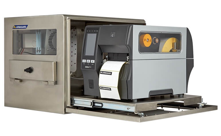 Ein wasserdichter Zebra Barcode Industriedrucker Schrank mit installiertem ZT411 Drucker