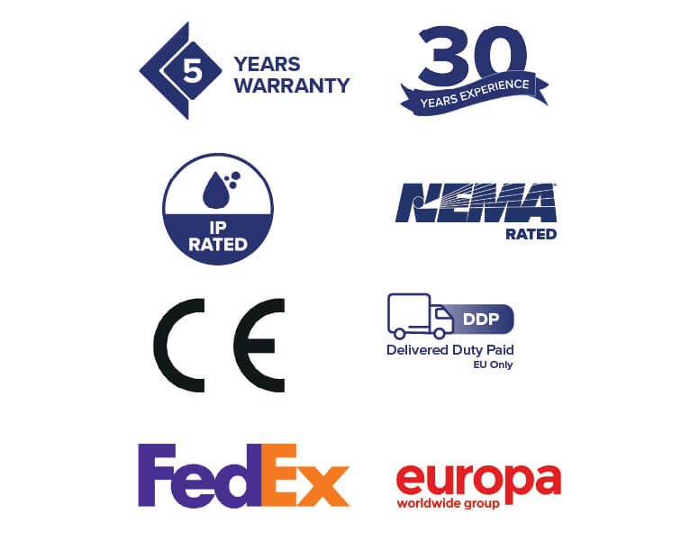 Symbole für Garantien, Akkreditierungen und Versandoptionen von Armagard