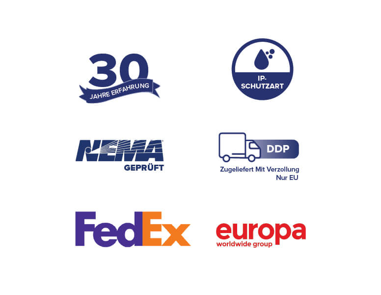 Symbole für Garantien, Akkreditierungen und Versandoptionen von Armagard