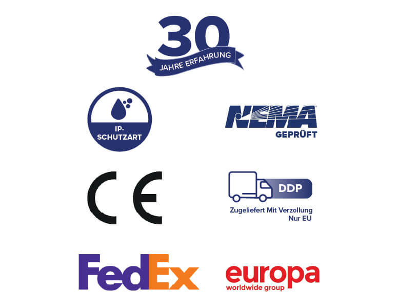 Symbole für Garantien, Akkreditierungen und Versandoptionen von Armagard