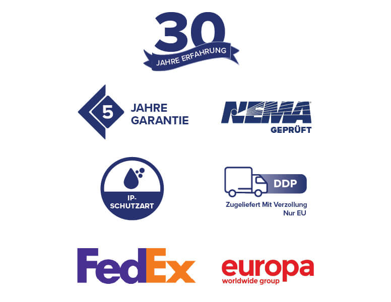 Symbole für Garantien, Akkreditierungen und Versandoptionen von Armagard