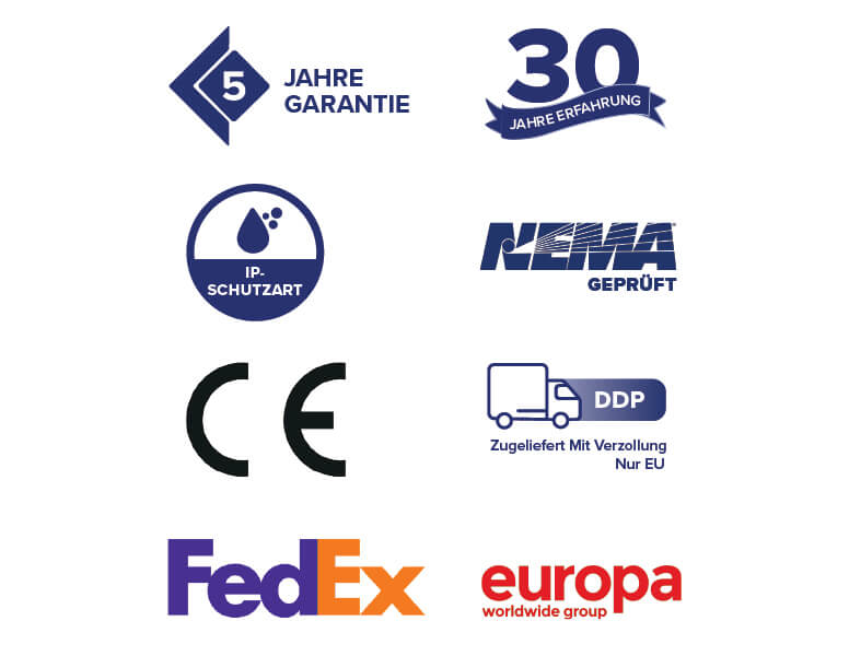 Symbole für Garantien, Akkreditierungen und Versandoptionen von Armagard