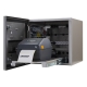 Desktopdrucker Edelstahlgehäuse, rechte Seite geöffnet, mit ausgezogener Schublade und Zebra ZD421