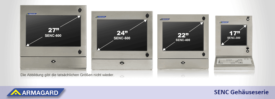 Größen der Armagard SENC Produktreihe Dual-Screen PC Edelstahlgehäuse