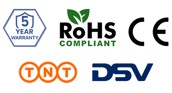 5 jährige Guarantee; TNT Versand, DSV Versand, CE und RoHS Logo