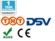 Ein Jahr Standardgarantie auf Elektrik; TNT Versand, DSV Versand, CE und RoHS Logo