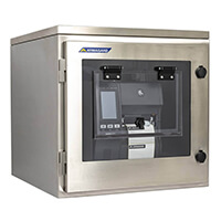 Vorderansicht links des Zebra ZT620 Reinraum Druckergehäuses für Standorte mit Nassreinigung