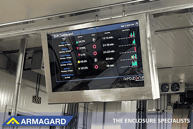 Im Produktionsbereich installiertes Schutzgehäuse für ein Display mit Produktions-KPI-Dashboard